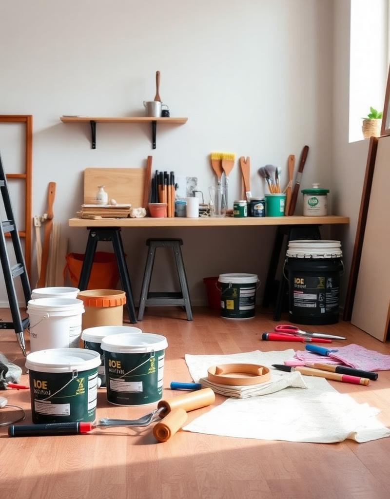 Estação de trabalho de pintura organizada com tintas e ferramentas